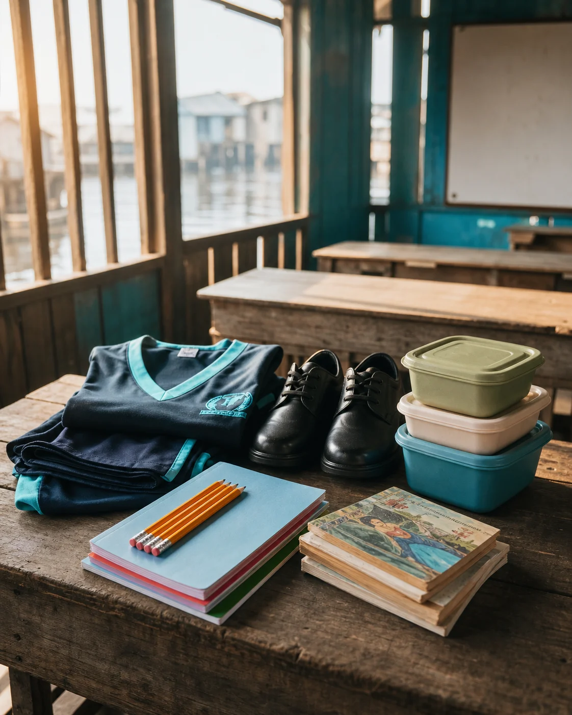 Illustrative arrangement of uniforms, shoes, books, and meals in a Makoko classroom